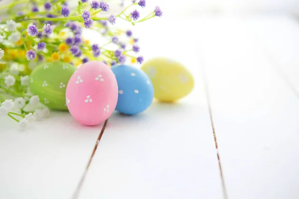 Multicolored Easter Eggs Fresh White Yellow Flowers Daisy Easter Background — Stock Photo, Image