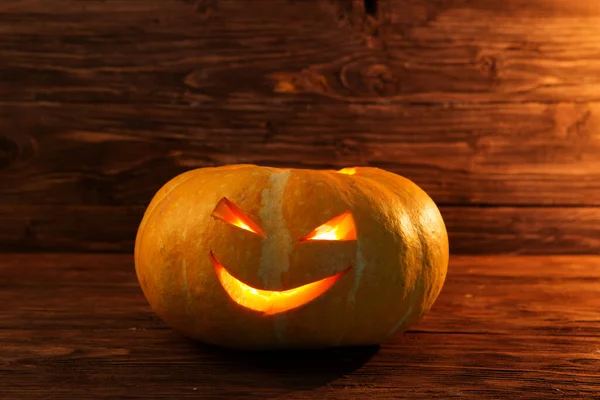 Cara Calabaza Halloween Jack Linternas Sobre Fondo Madera — Foto de Stock