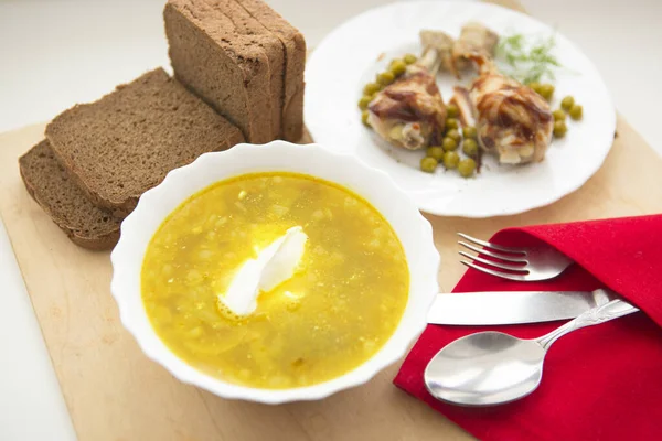 Homemade Chicken Soup Bowl Bread — Stock Photo, Image