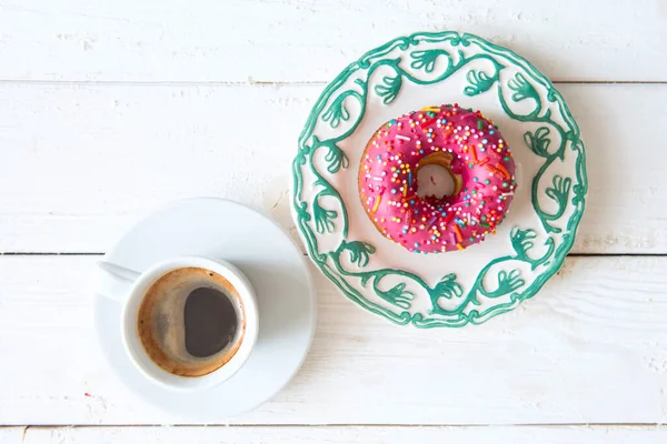 Colorful Donuts Paper Cup Wooden Table Top View — Stock Photo, Image
