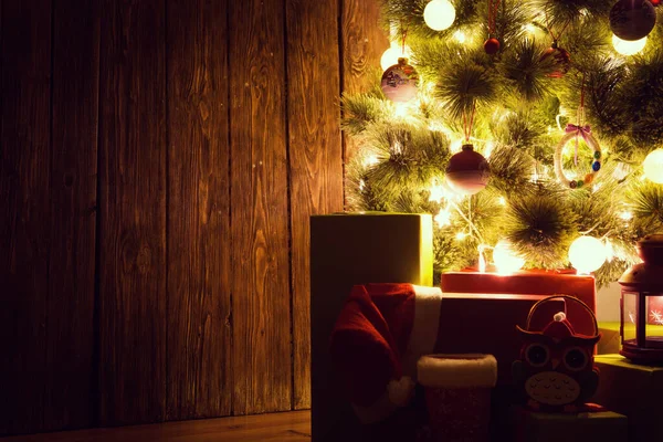 Feliz Navidad Fondo Madera Con Espacio Copia Para Texto Cerca — Foto de Stock