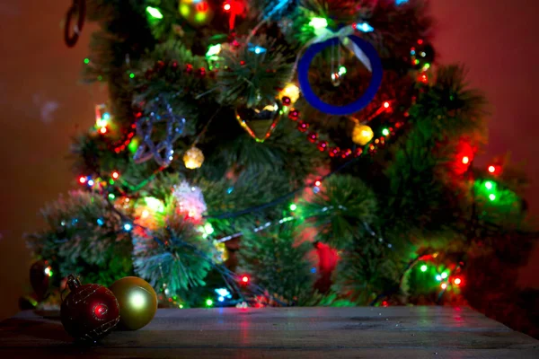 Kerst Vakantie Achtergrond Met Lege Houten Dek Tafel Feestelijke Bokeh — Stockfoto