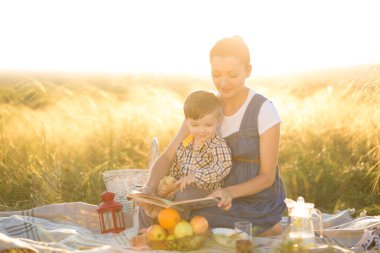Küçük tatlı oğlan ve güzel hamile annesi piknikte.