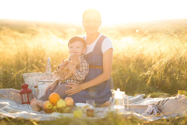 Маленький милий хлопчик син і його красива вагітна мама на пікніку — стокове фото
