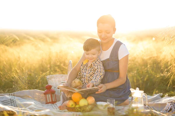 Little cute boy son and his beautiful pregnant mom at picnic — Stock Photo, Image