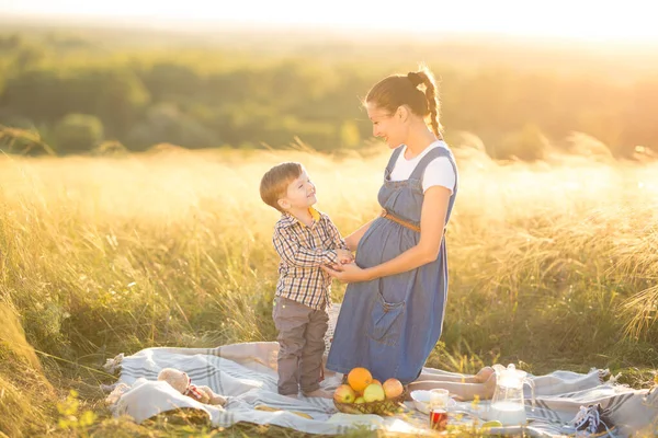 可愛いです男の子息子と彼の美しいです妊娠中のお母さん-ピクニック — ストック写真