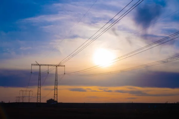 Electric High Voltage Pole Sunset Background — Stock Photo, Image