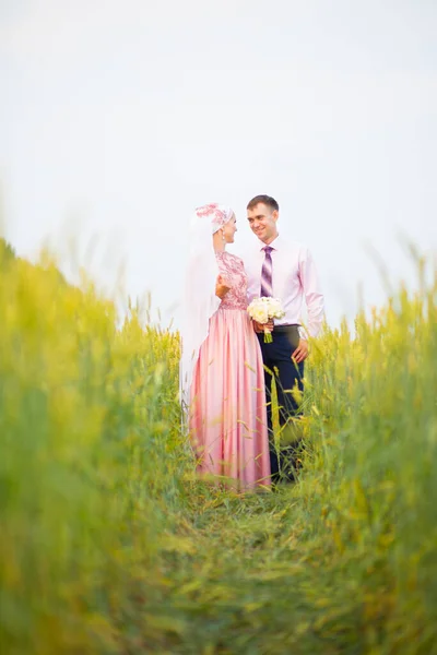Жених и невеста в поле. Мусульманский брак. — стоковое фото