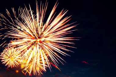 Karanlık gece gökyüzünün arka planında havai fişekler. 4 Temmuz - Amerikan Bağımsızlık Günü