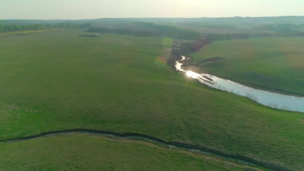 Luchtfoto van weide en meer — Stockvideo