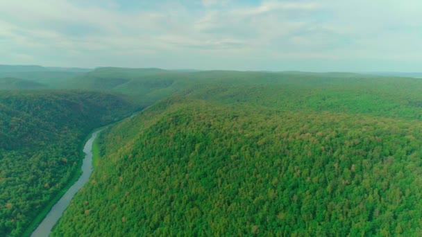 Video aereo di nuvole, montagne, foreste e fiumi di montagna — Video Stock