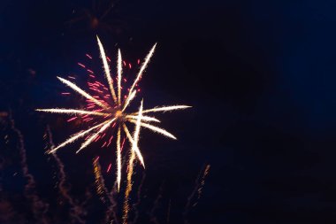 Parlak renkli havai fişekler ve gece gökyüzünde çeşitli renklerin selamı. Bağımsızlık Günü, 4 Temmuz, 4 Temmuz veya Yeni Yıl.