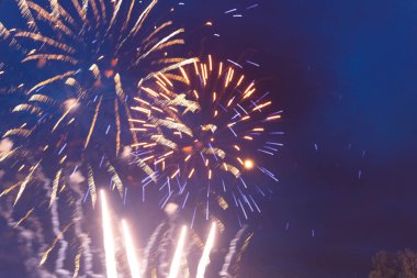 Gece gökyüzünde havai fişekler. Bağımsızlık Günü, 4 Temmuz, 4 Temmuz veya Yeni Yıl