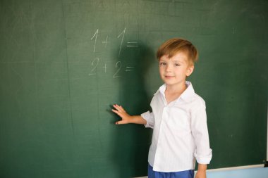 Okulda küçük sevimli bir çocuk tahtaya yakın duruyor ve üzerine yazı yazıyor. Okul konseptine dönelim.