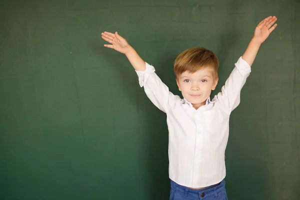 Funny happy child schoolboy boy student about school blackboard. Free text, copy space. Back to school concept — Stock Photo, Image