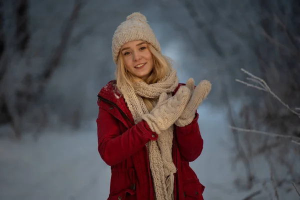 Mooi meisje in een ijzig winter bos op een zonnige dag — Stockfoto