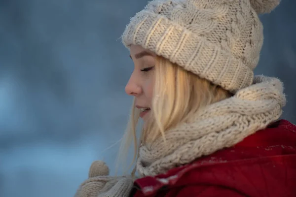 Beautiful girl in a frosty winter forest on a sunny day — Stockfoto