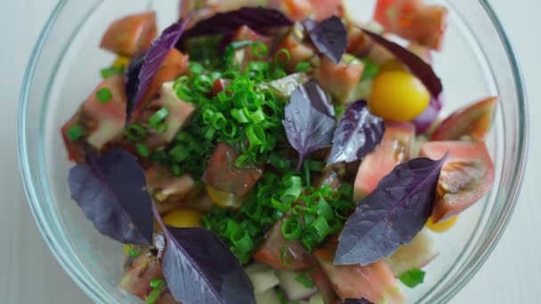 Olive oil is poured into a bowl of vegetable salad — Stock Video