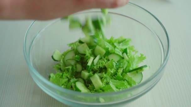 Der Koch legt die Gurken vom Schneidebrett in den Salat — Stockvideo