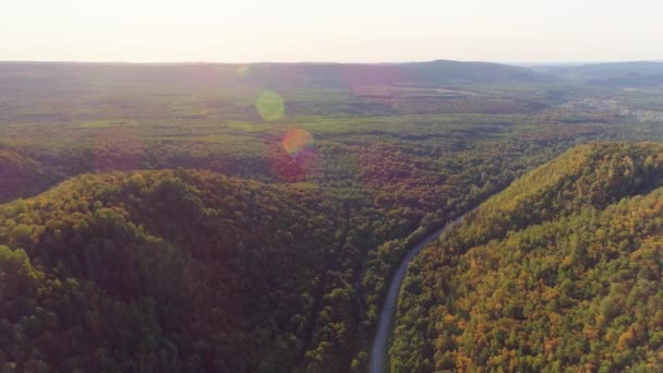 Flygfoto av berg, väg och sommarskog — Stockvideo