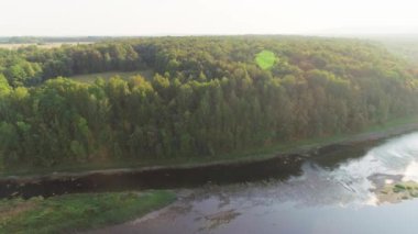 Dağlardaki bir yaz ormanının ve bir dağ nehrinin havadan çekilmiş videosu.