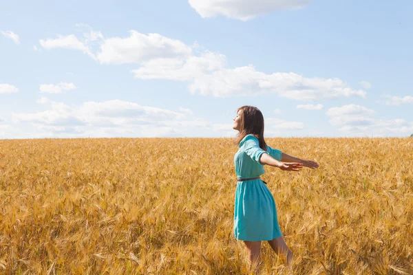 짚 밭에서 팔을 들고 햇빛을 즐기고 있는 젊은 여자 — 스톡 사진