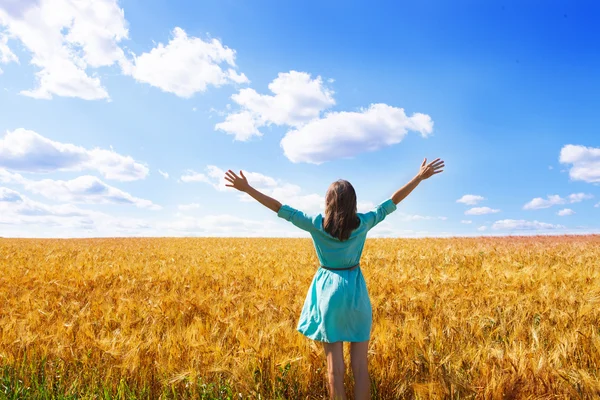 Frau hebt Arme und genießt Sonnenlicht auf Feld — Stockfoto