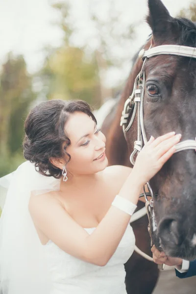 Jovem mulher de vestido branco de pé com cavalo — Fotografia de Stock