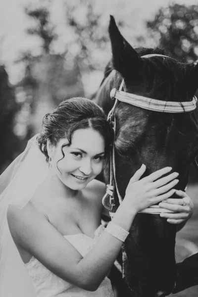 Jovem mulher de vestido branco de pé com cavalo — Fotografia de Stock