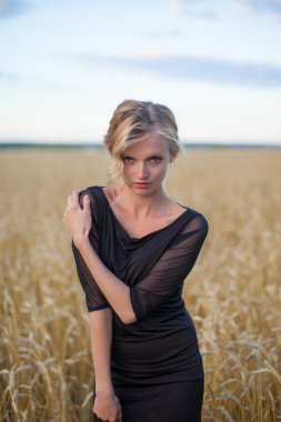 genç ve güzel kadın sarı günbatımında yaz çayır