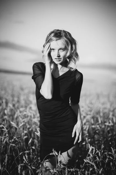 Женщина на пшеничном поле на закате — стоковое фото