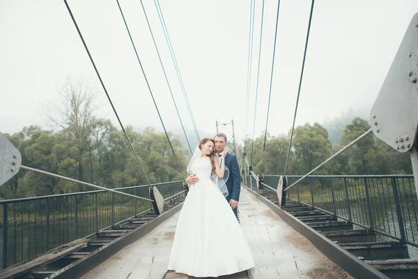 Eski bir köprüde duran yeni evliler — Stok fotoğraf