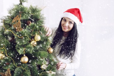 Noel ağacını süsleyen genç kadın.