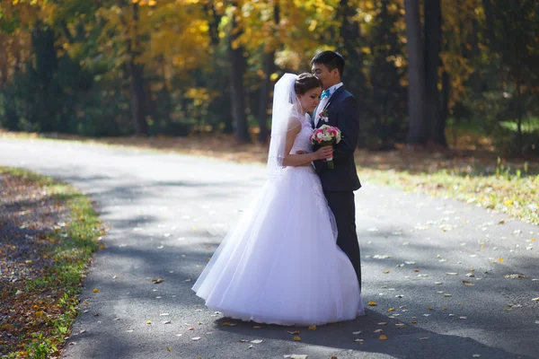 Gelukkig pasgetrouwden in park. — Stockfoto