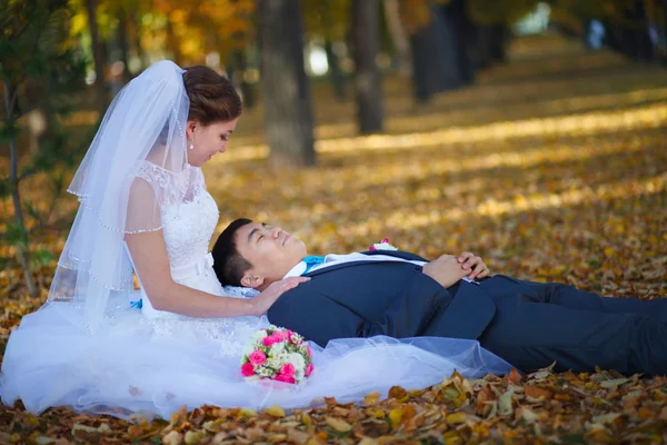 Sposi felici nel parco . — Foto Stock