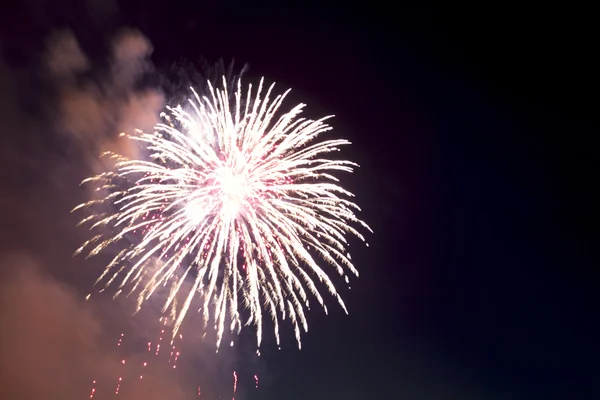 Beautiful colorful holiday fireworks on the black sky background — Stock Photo, Image