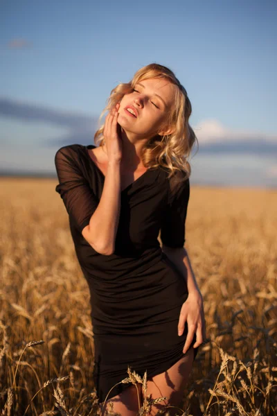 Vrouw in een tarweveld onder de blauwe hemel — Stockfoto