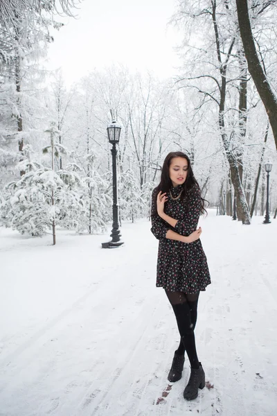 Prise de vue de femme gothique dans un parc d'hiver . — Photo