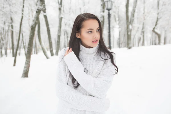 Doce menina bonita em suéter branco e um parque de inverno — Fotografia de Stock