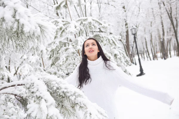 Zoete mooi meisje in witte trui en een winter park — Stockfoto