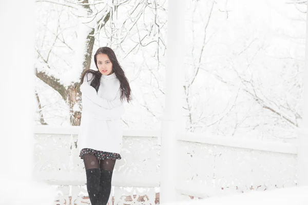 Мила красива дівчина в білому светрі і зимовий парк — стокове фото