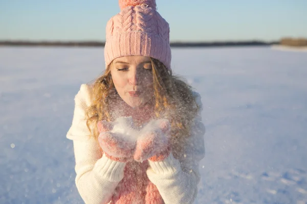 Menina beleza no fundo do inverno — Fotografia de Stock