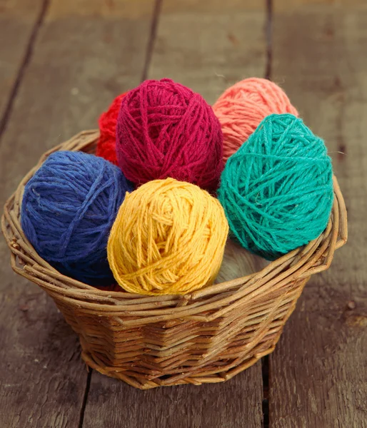 Colorful decorated in basket easter eggs from wool yarn. — Stock Photo, Image