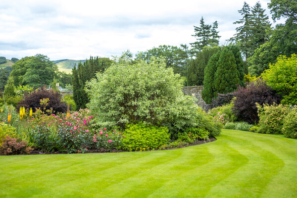 Beautiful walled garden with grass lawn 