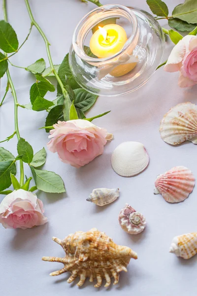 Arranjo romântico com uma vela, rosas e conchas — Fotografia de Stock