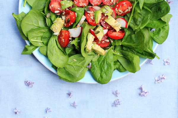 Fresh vegan, vegetarian salad made of spinach, tomatoes and avocado — Stock Photo, Image