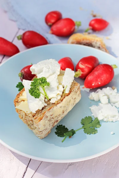 Desayuno fresco y saludable, una rebanada de pan de soda con mantequilla y requesón y rábano rojo —  Fotos de Stock