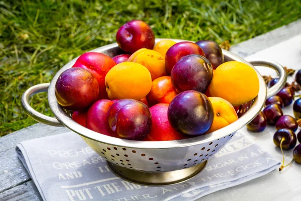 Piedra Fruta de otoño en la mesa de madera, vista plana . — Foto de Stock