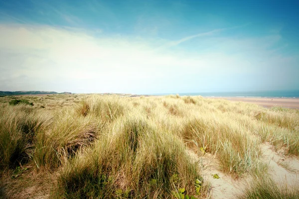 Пляж с песчаными дюнами и голубым небом в Великобритании — стоковое фото