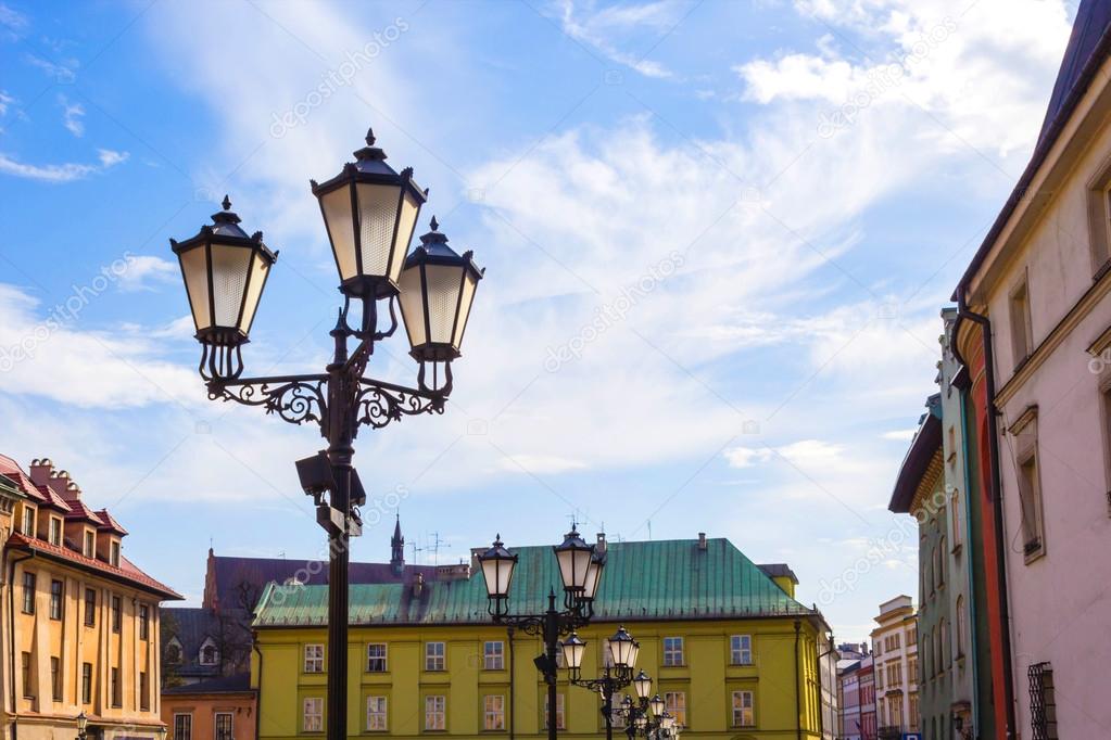 The old, historical tenements at the Old Market Square in Cracow, Poland